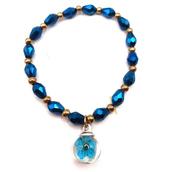 Blue + Gold Beaded Flower Stretch Stretchy Bracelet - Picture 3 of 9